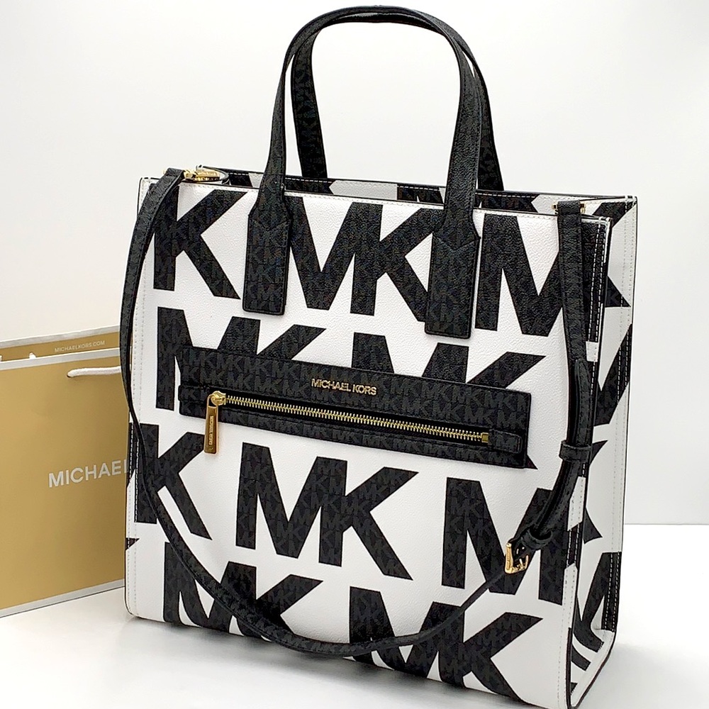 MICHAEL KORS KENLY LARGE NORTH SOUTH TOTE OPTIC WHITE/BLACK COLOR